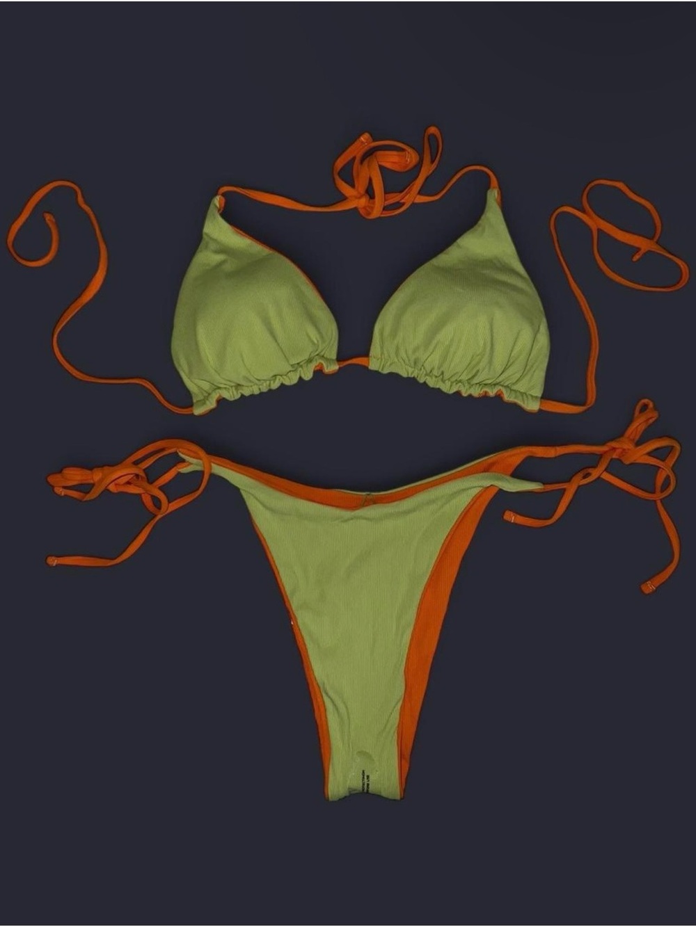 Berlook Reversible Green & Orange Ribbed Tie-Side Bikini Set